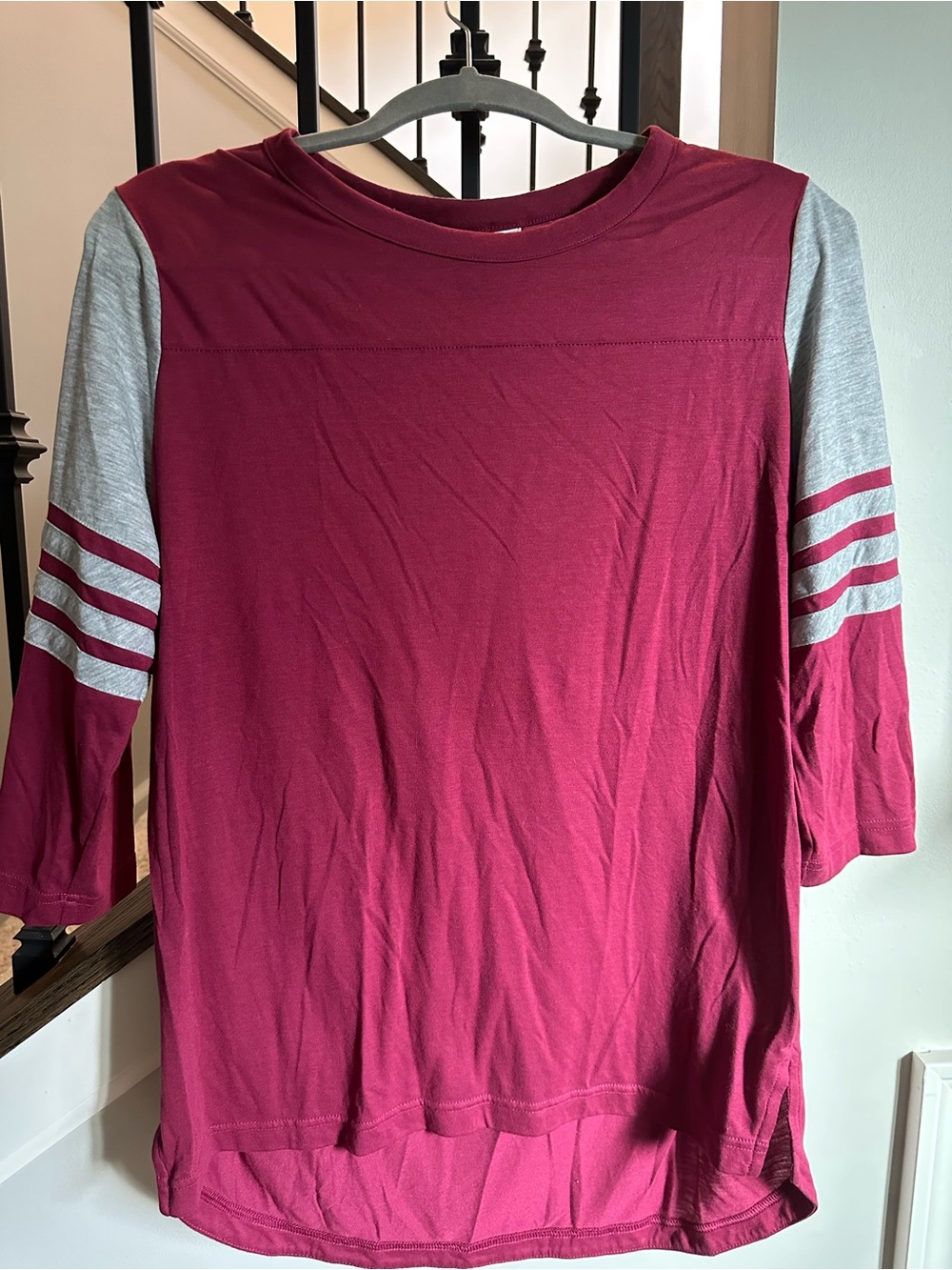 adidas Maroon Long Sleeve Raglan Tee with Gray Stripes